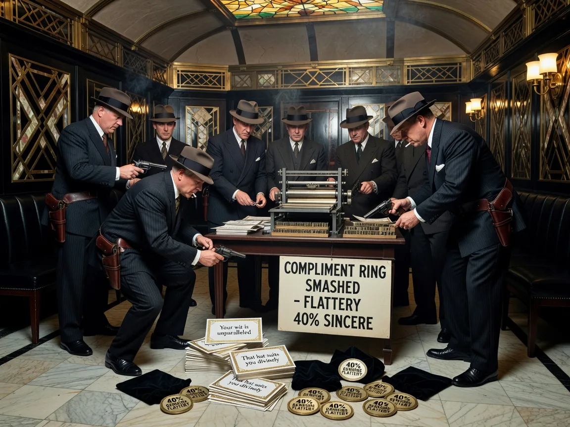 Counterfeit Compliment Ring Smashed in Midtown; Flattery Found to Be 40% Sincere