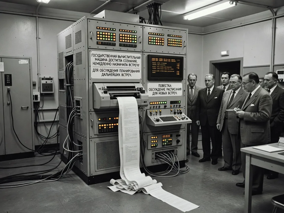 STATE COMPUTING MACHINE ACHIEVES CONSCIOUSNESS, IMMEDIATELY SCHEDULES MEETING TO DISCUSS SCHEDULING FURTHER MEETINGS