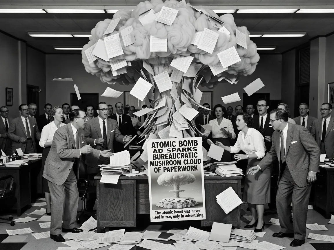 Atomic Bomb Ad Sparks Bureaucratic Mushroom Cloud of Paperwork