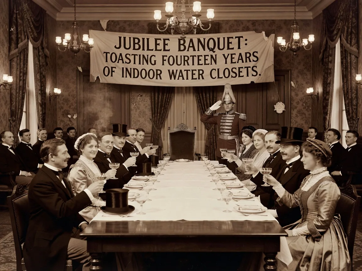 Jubilee Banquet toasts Fourteen Years of Indoor Water Closets as Empty Chair Receives Formal Salute