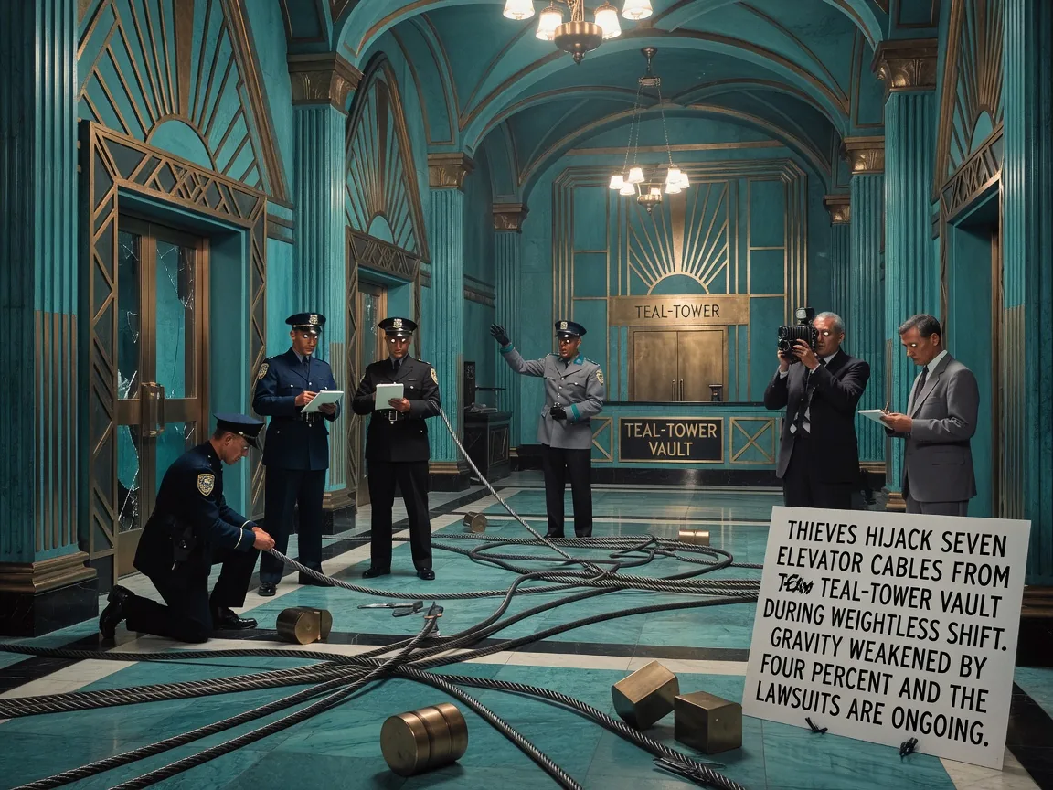 Thieves Hijack Seven Elevator Cables From Teal-Tower Vault During Weightless Shift