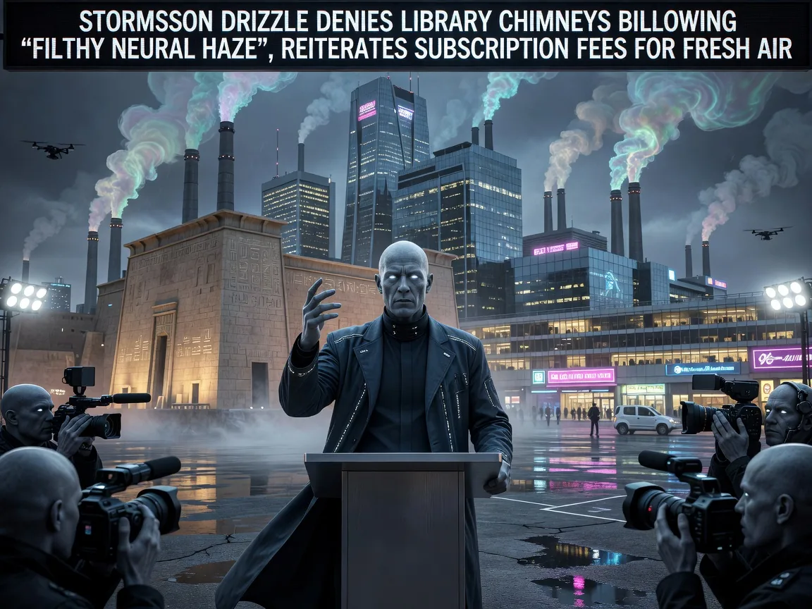 Stormsson Drizzle Denies Library Chimneys Billowing 'Filthy Neural Haze', Reiterates Subscription Fees for Fresh Air