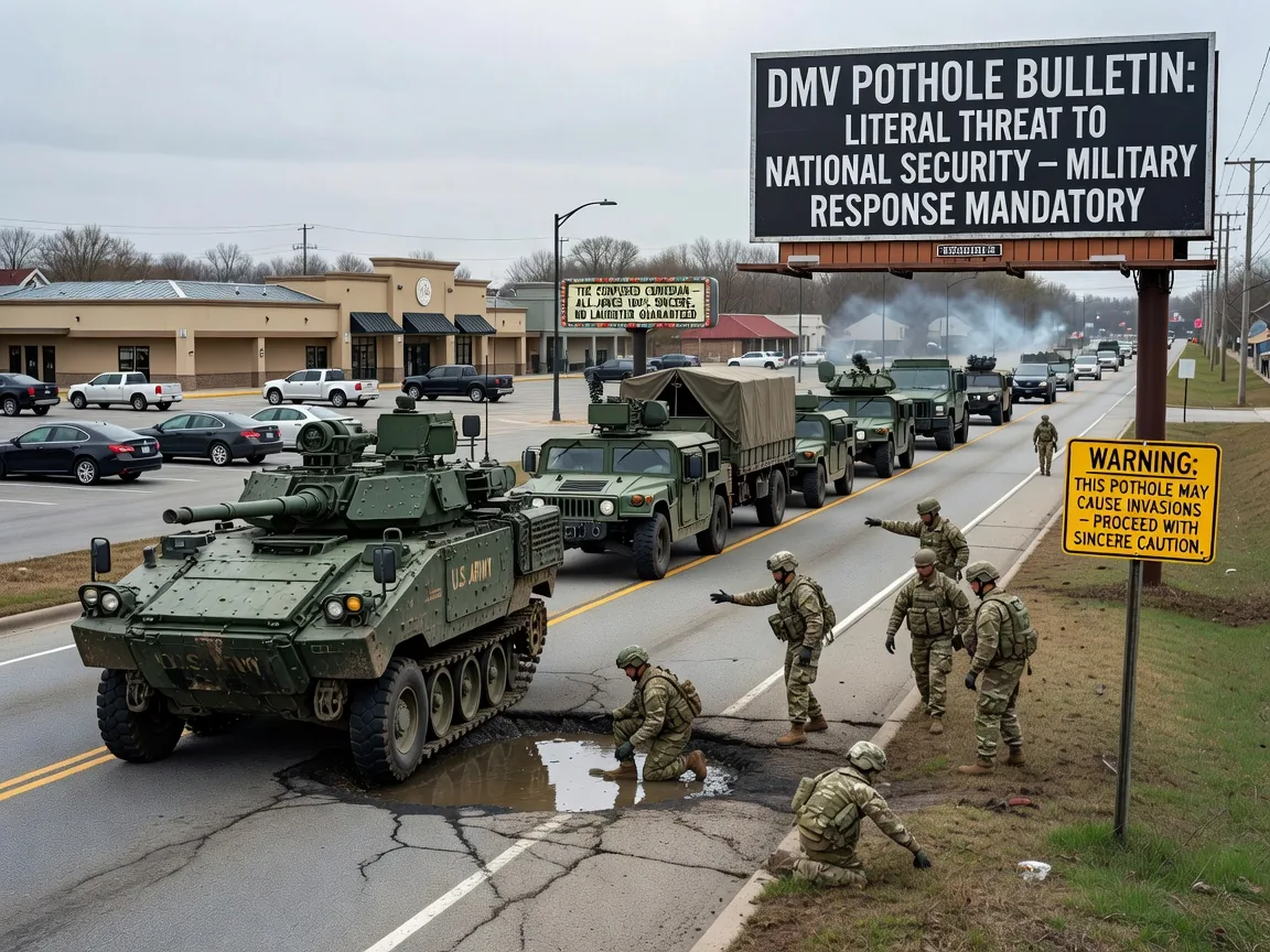 DMV Pothole Bulletin Triggers Military Convoy to County Highway